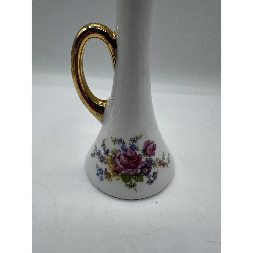 Porcelanas Guillen Madrid Porcelain Bud Vase‎ White Floral Gold Handle Spain